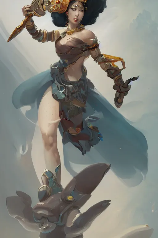 Prompt: Beautiful portrait of a Asian goddess, full body, character concept design, by Peter Mohrbacher, overwatch, weapon, detailed, style, 8k, trending