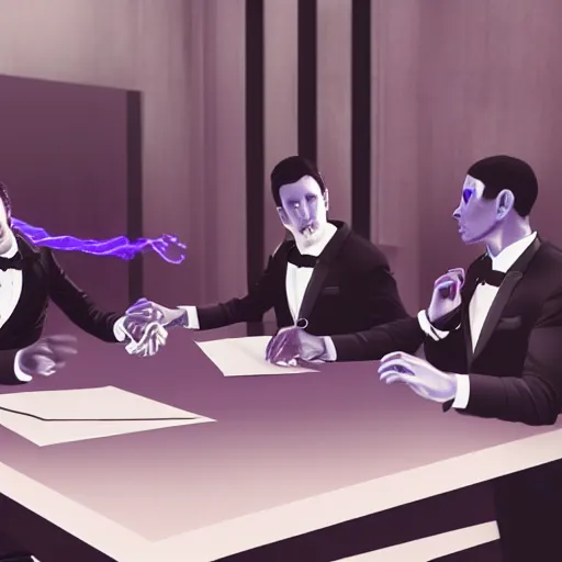 Image similar to HD render of shadow figures in suits sitting around a table in an occultic lair scheming and plotting, Ultra realistic digital art painting trending on artstation, photo realistic, black and purple colour scheme