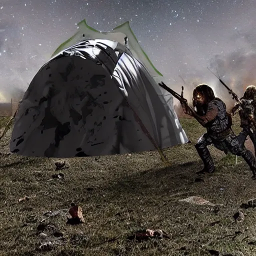 Image similar to An asteroid zombie apocalypse tent war