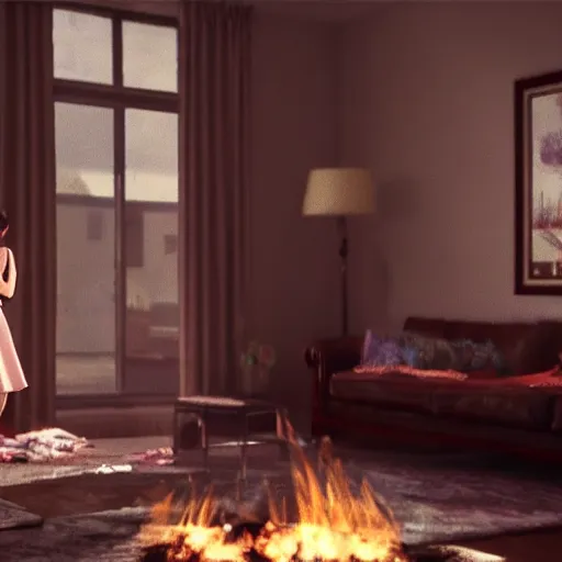 Prompt: a woman standing in a living room next to a fire, concept art by gregory crewdson, reddit contest winner, video art, movie still, colorized, playstation 5 screenshot