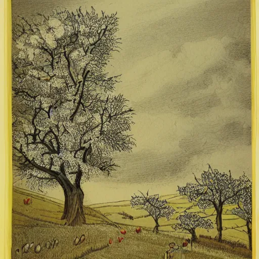 Image similar to A beautiful illustration depicting a farm scene. The illustration shows a view of an orchard with trees in bloom. ink drawing, illuminated codex gilded by Paul Barson cosy