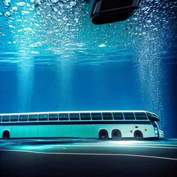 Image similar to hyper realistic, high detail photo of atlantis bus, underwater, lights on buildings, beautiful, dreary lighting