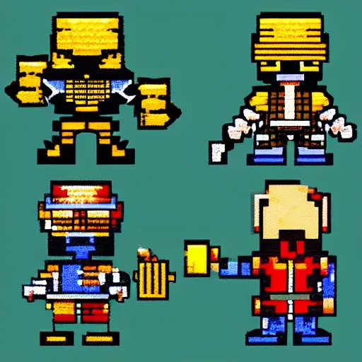 Prompt: a set of pixel art knights for a 16 bit game