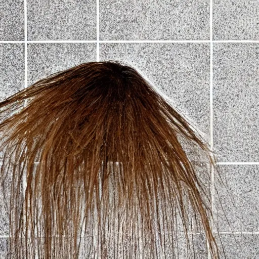 Prompt: mess of hair hairball on shower wall.