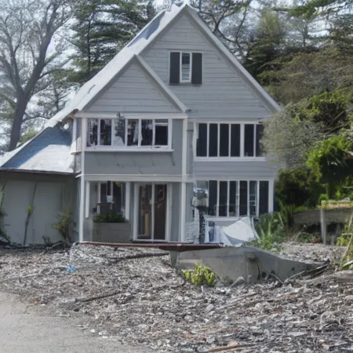 Prompt: various materials unknown hull cluttered on driveway