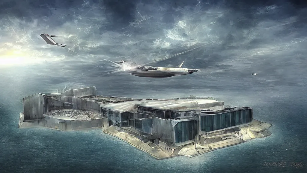 Prompt: floating CIA headquarters in the sky, fantasy digital art,