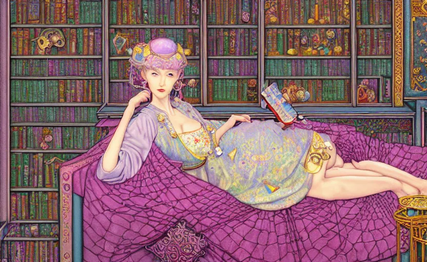 Image similar to a detailed fantasy pastel portrait of a woman wizard in ornate clothing lounging on a purpur pillow on the marble floor in front of her bookcase in a room, reading an ancient tome. to the side is a potted plant. ancient retrofuturistic setting. 4 k key art. raytracing, by chie yoshii and yoshitaka amano.