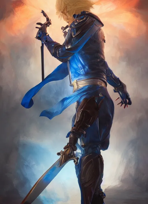 Image similar to side profile of a man with blonde hair in a blue suit wielding a large sword and a gun in a holster, fantasy, digital painting, volumetric light, intricate, sharp, focus, bloom, illustration, highly detailed, concept art, matte, ruan jia, randy vargas, greg rutkowski