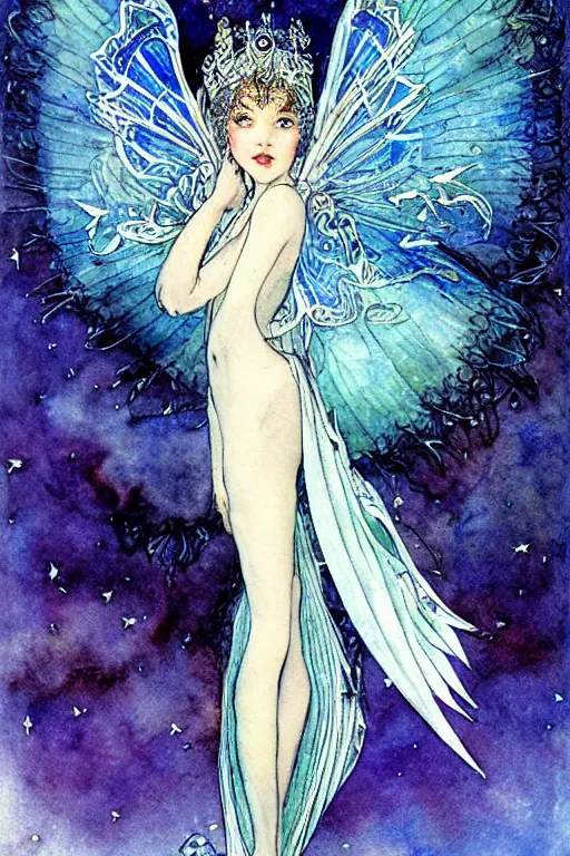 Image similar to fairy princess with a bat wing crown, night sky background, art by luis royo and walter crane and kay nielsen, watercolor illustration,