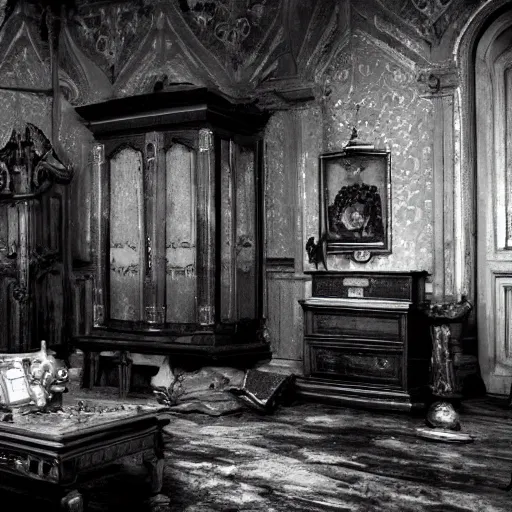Prompt: very old black and white photo of room of a dark mansion, objects from ritual in the ground, realistic, highly detailed, background of resident evil game, guillermo del toro