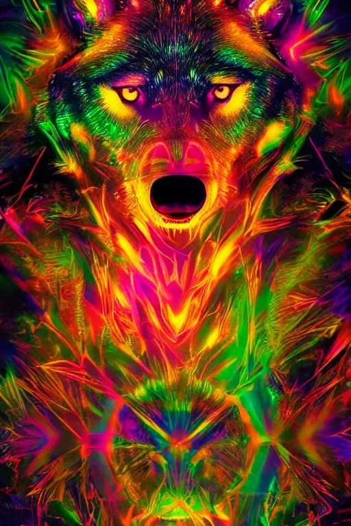 Image similar to psychedelic close-up shot from below of a wolf with style and swagger, clear dark background, object spotlight, octane render, HD, 8k, hyper realism, beautiful color pallet, epic, synthwave art style