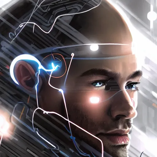 Prompt: close up of guy connected to computer with wires and tubes, cyborg, dystopian, highly detailed, digital painting, artstation, concept art, soft light, sharp focus, illustration