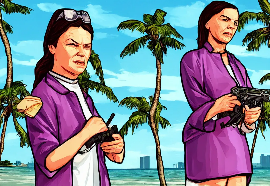 Prompt: saint mary mackillop in grand theft auto loading screen, gta art style, illustration, beach, miami, vice city