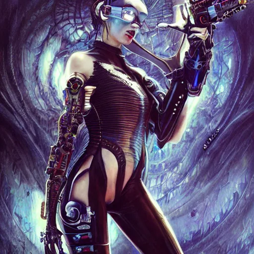 Image similar to a full body beautiful woman wearing a cyberpunk outfit by karol bak, ayami kojima, artgerm, sakimichan, hr giger, blue eyes, weapons, electronics, high tech, concept art, fantasy