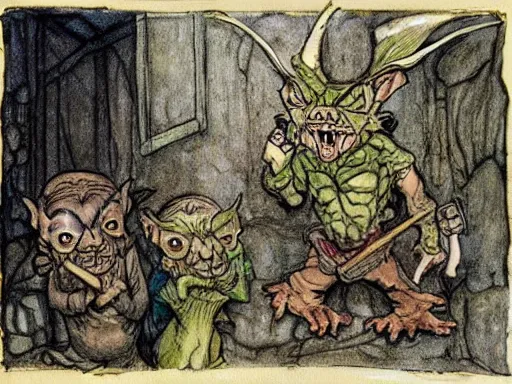 Image similar to a painting of goblins in an art gallery by arthur rackham and Tony DiTerlizzi, trending on artstation, detailed