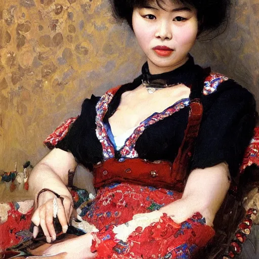 Prompt: portrait of asian beautiful woman talking smartphone masterpiece painting by vasnetsov and surikov, JEAN-VICTOR BERTIN, by Terence Cuneo, detailed, artfully traced, 4k resolution, cinematic, dramatic