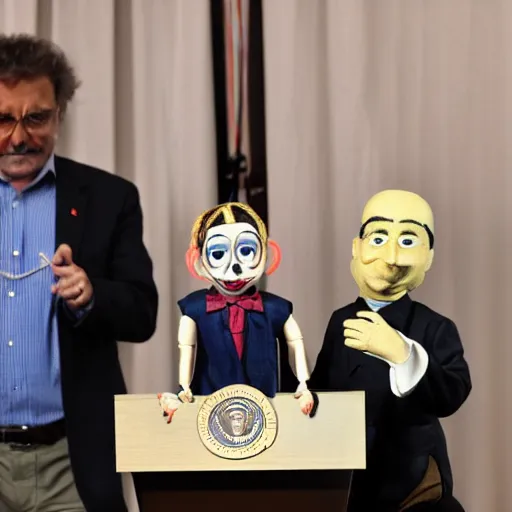 Image similar to president marionette with puppeteer in a podium giving a press conference