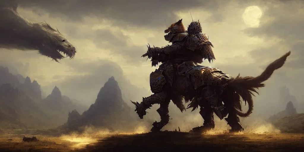 Image similar to an armored knight riding on a big fluffy cat, digital art, landscape, fantasy art, octane render, unreal engine, high detail, very realistic, by greg rutkowski. by james gurney