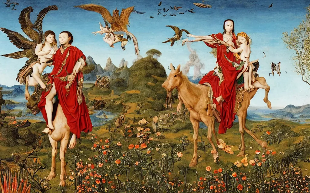 Image similar to a portrait photograph of a meditating harpy and a centaur king riding birds at a wide river delta. surrounded by bulbous flowers, animals, trees and mushrooms. mountain range under a vast blue sky of burning stars. painted by jan van eyck, max ernst, ernst haeckel and artgerm, cgsociety, artstation, fashion editorial