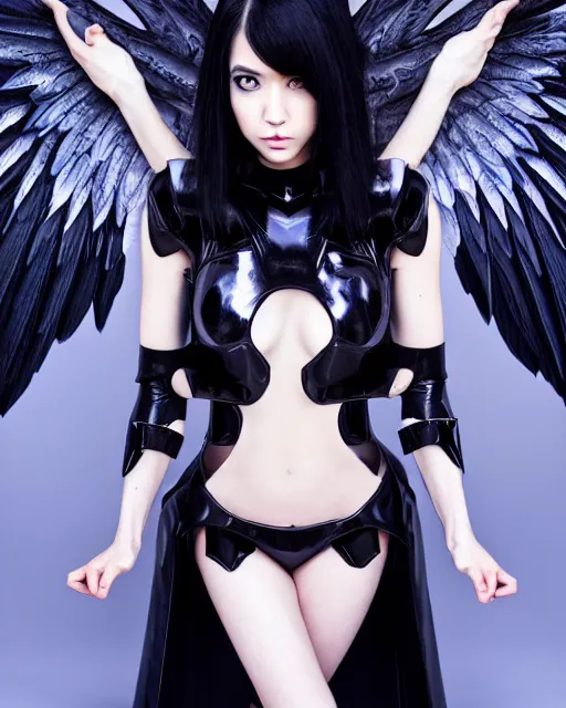 Image similar to perfect raven haired attractive succubus with huge black dove wings, destiny armor, beautiful, symmetric, dreamy, half asian, pretty face, blue eyes, detailed, scifi platform, laboratory, experiment, 4 k, ultra realistic, epic lighting, android body, illuminated, cinematic, masterpiece, art by akihito tsukushi, voidstar