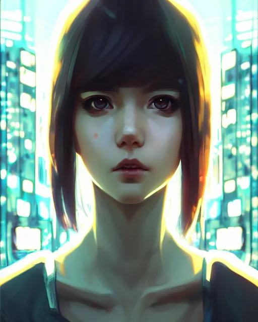 Image similar to a comic potrait of a cyberpunk cyborg girl with big and cute eyes, fine - face, realistic shaded perfect face, fine details. night setting. very anime style. realistic shaded lighting poster by ilya kuvshinov katsuhiro, artgerm, jeremy lipkin and michael garmash, unreal engine, radiant light, detailed and intricate environment