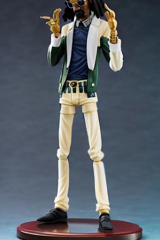 Image similar to still high quality figurine of snoop dogg, tsurime eyes, tareme eyes, personification, dynamic pose, detailed product photo, featured on amiami, tone mapped, beautiful composition, 8 5 mm, f. 1 4