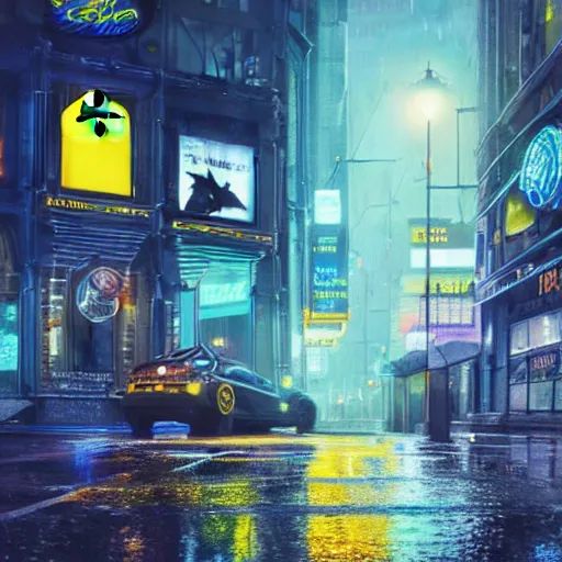 Image similar to highly detailed photorealistic batman in rain, cyberpunk city street, blue and yellow neon lights, highly detailed reflection, studio quality 8k ultra high definition render, trending on ArtStation, concept