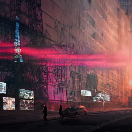 Image similar to A beautiful intricate 8K award-winning ground-level cinematic movie photograph of the future destroyed and decaying Eiffel Tower made of neon, surrounded by broken corporate video billboard displays. in the year 2050, by Bruno Delbonnel and greg rutkowski. Arri Alexa 65, IMAX 70mm footage. Dirty billboards. Cinematic lighting