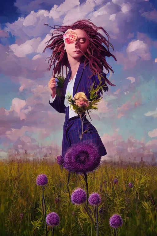 Prompt: portrait, enormous thistle flower under the head, a girl in a suit in field of flowers, surreal photography, sunrise, blue sky, dramatic light, impressionist painting, digital painting, artstation, simon stalenhag