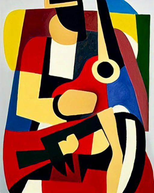 Prompt: a cubism portrait of willie nelson hugging his guitar, in the style of fernand leger, black and red