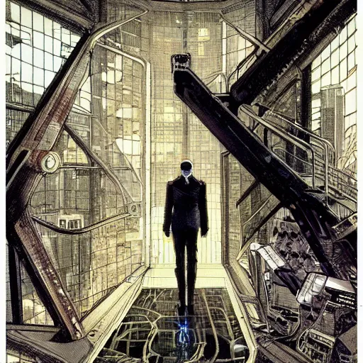 Image similar to Digital portrait of a Ghost in the machine by francois Schuiten, cyberpunk, impressive perspective, masterpiece