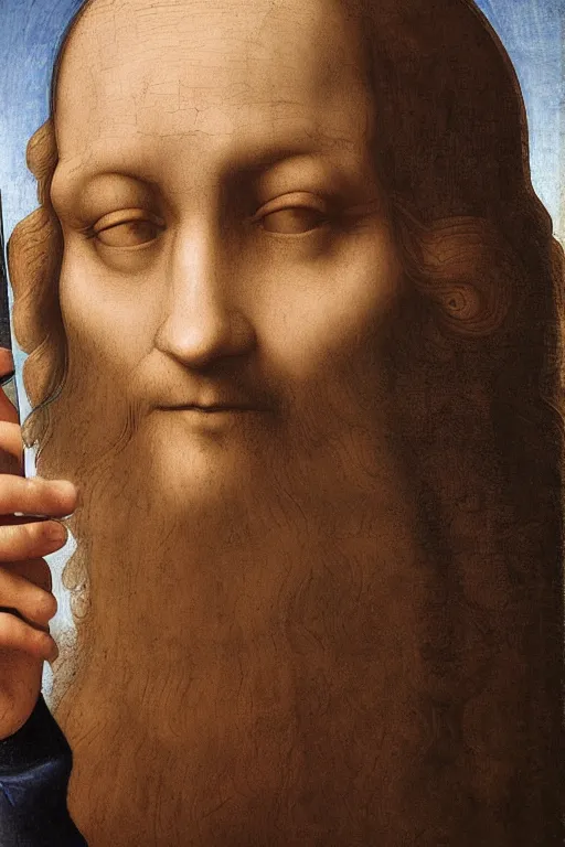 Image similar to leonardo da vinci taking a selfie, oil painting, digital art, photorealism