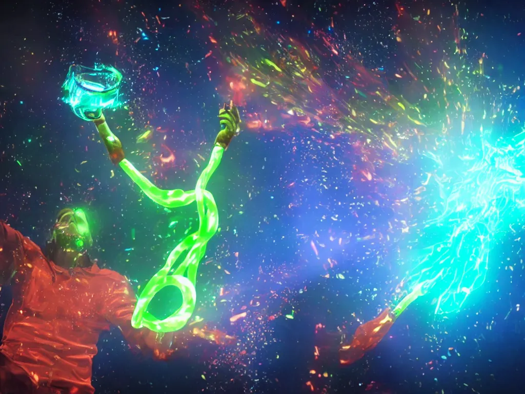 Image similar to a hyperrealistic portrait render of a model throwing a bottle of glowing worms and drinking fluorescent liquid in the cosmos, unreal engine 8k