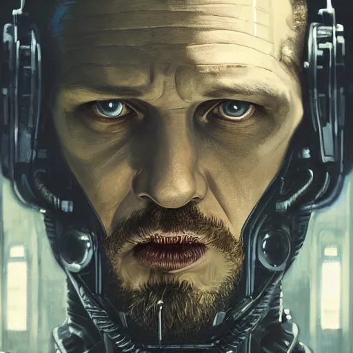 Image similar to tom hardy as henry dorsett case, hacker, cyborg, cyberpunk, painted by seb mckinnon, high detail, dramatic light, digital art, painted by greg rutkowski, promotional movie posterart, trending on artstation