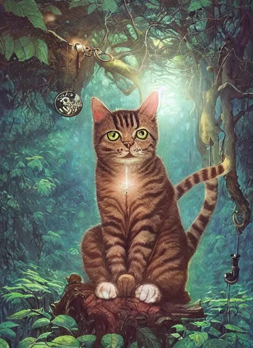 Image similar to a hyper realistic cat god with happy lighting and technology jewelry in the woods gorgeous lighting, sunbeams blue sky, lush forest foliage painting by chiara bautista and beksinski and norman rockwell and greg rutkowski weta studio, and lucasfilm