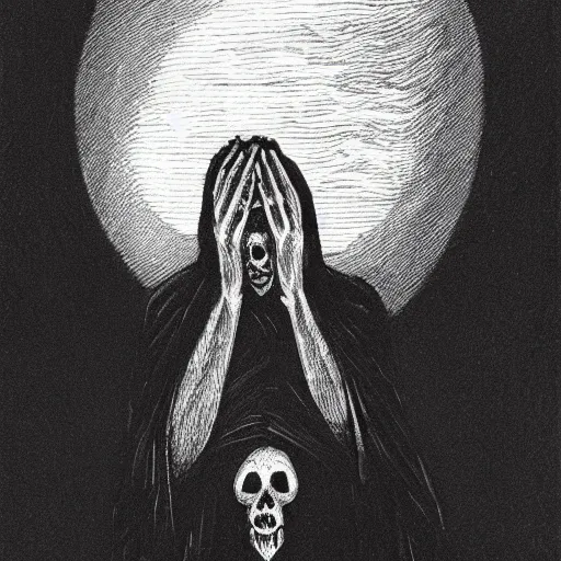 Image similar to A beautiful print that captures the feeling of terror and anguish. The bright sky contrasts sharply with the dark, ominous figure in the background, creating a sense of unease and foreboding. The figure's face is twisted in a scream of agony, conveying the true horror of the scene. This print is truly a masterpiece of emotion and terror. by Käthe Kollwitz a e s t h e t i c