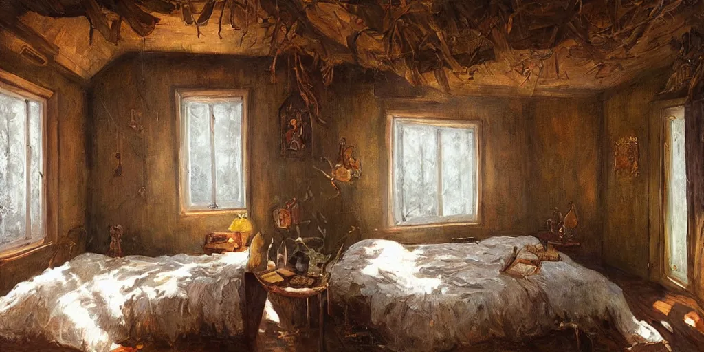 Prompt: Cozy treehouse bedroom painted by Ivan Kramskoi