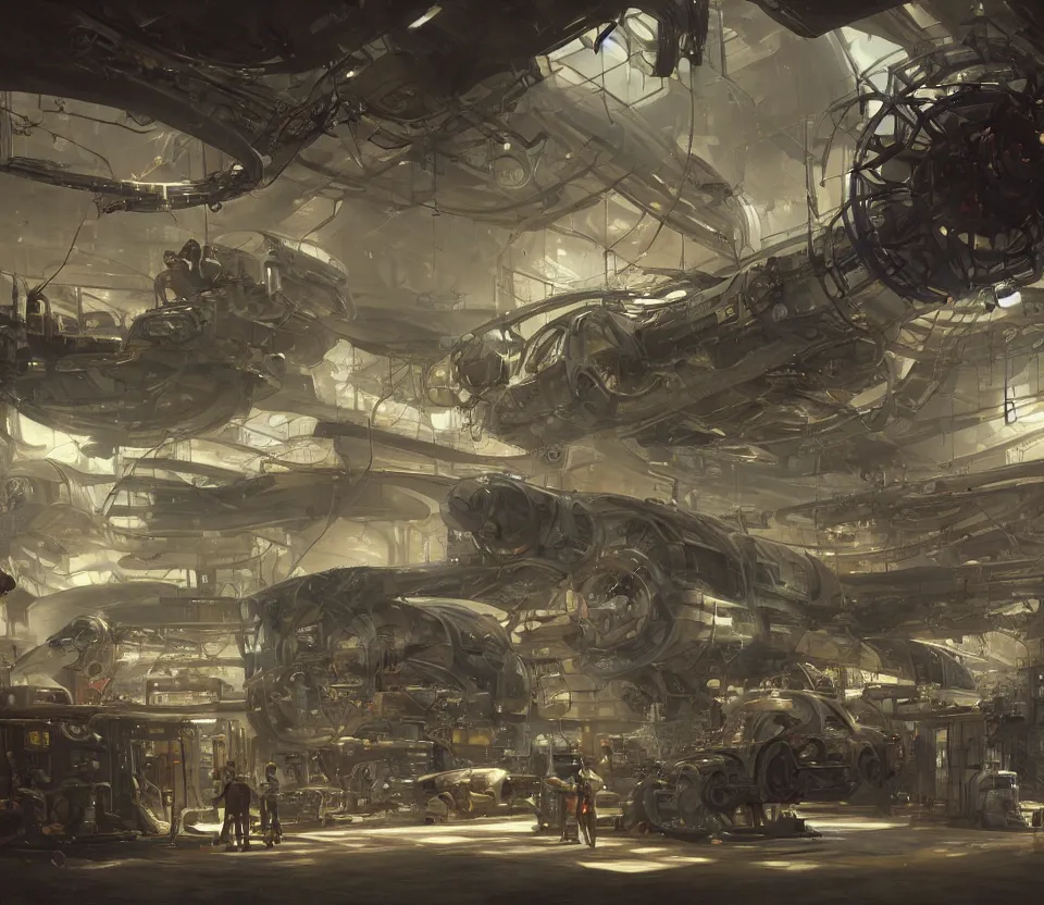 Image similar to the inside of a futuristic mechanic spaceshop, highly detailed interior, holographic screen in center frame by peter mohrbacher and craig mullins, dieselpunk, firefly, cryengine render, hyper realism, realistic shading, cinematic composition, realistic render, octane render, detailed textures, photorealistic, wide shot, fanciful, colorful