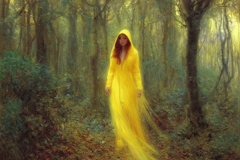 Prompt: illustration of a woman in a yellow hooded sweatshirt walking through a tangled forest in the astral plane. art by gaston bussiere.