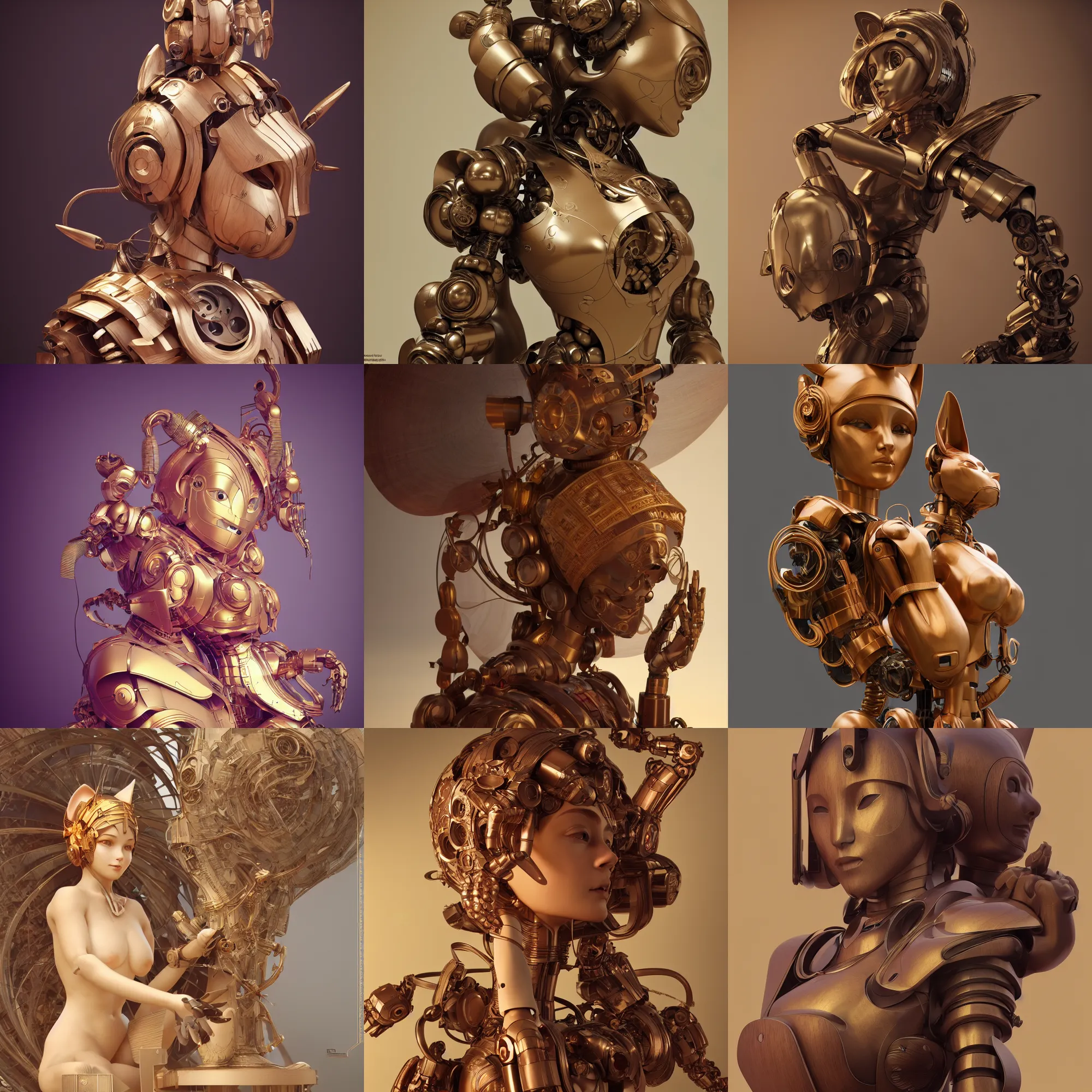 Prompt: 3 d octane render, ultra photorealistic, 8 k hyper detailed image, a beautiful wooden statue of a robot with cat ears, cgsociety, alphonse mucha