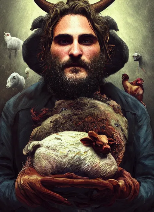 Image similar to a hyper detailed painting of joaquin phoenix surrounded by animals, cow horns, pig nose, sheep wool, chicken feather, horror, by anna podedworna, by miklos ligeti, by diego maricato, by taran fiddler, by antonino truisi, by chris reddie, by jinsung lim, trending on artstation