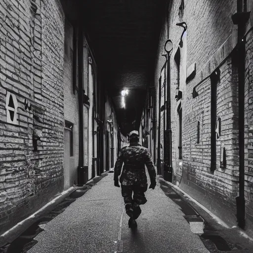 Prompt: soldier walking through london alley, gloomy mood, early dawn, sharp picture, cinematic, hyper realistic, symmetrical, 4 k, highly ornate intricate details,