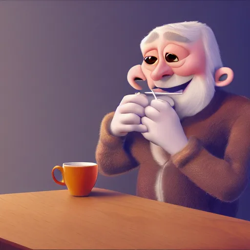 Image similar to a king drinking a cup of tea by pixar, trending on artstation, 8 k, highly detailed, digital painting, 3 d rendered