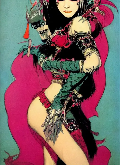 Image similar to mighty female korean vampiress, jeweled headdress, heavy mascara, strong line, saturated color, beautiful! coherent! by frank frazetta, high contrast, minimalism