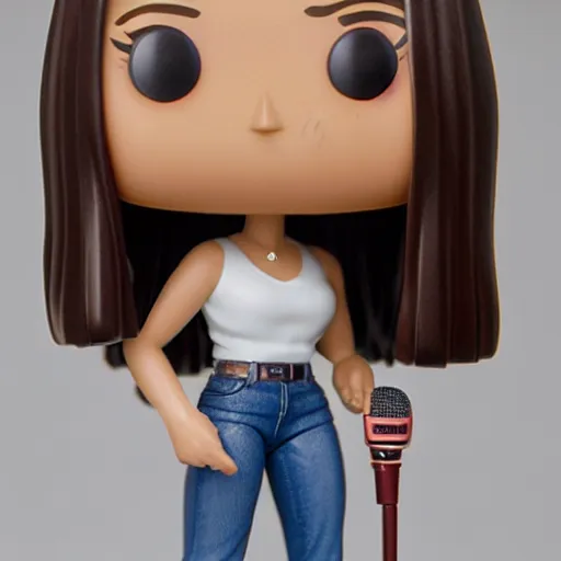 Prompt: funko pop figurine of beautiful girl holding a microphone, long very straight brown hair and pale skin wearing white thirt and jeans