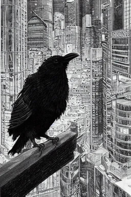 Image similar to portrait raven bird by yusuke murata and masakazu katsura, artstation, highly - detailed, cgsociety, artstation, pencil and ink, fighting pose, city in the background, dark colors, detailed face