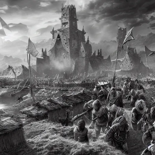 Image similar to vikings plunder the village and kill all the inhabitants, high detail of the environment and characters, detailing even the smallest particles and details, black and white style, 4 k, 8 k, trending on artstation, artstationhd, artstationhq