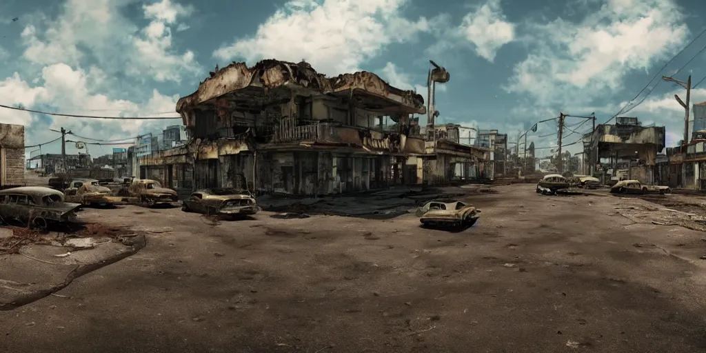 Image similar to wide angle shot of dilapidated fallout 5 tropical coastal city in real life, desolate, dilapidated, empty streets, nightmarish, some rusted retro futuristic fallout vintage style parked vehicles, sunny weather, few clouds, volumetric lighting, photorealistic, daytime, autumn, sharp focus, ultra detailed, cgsociety
