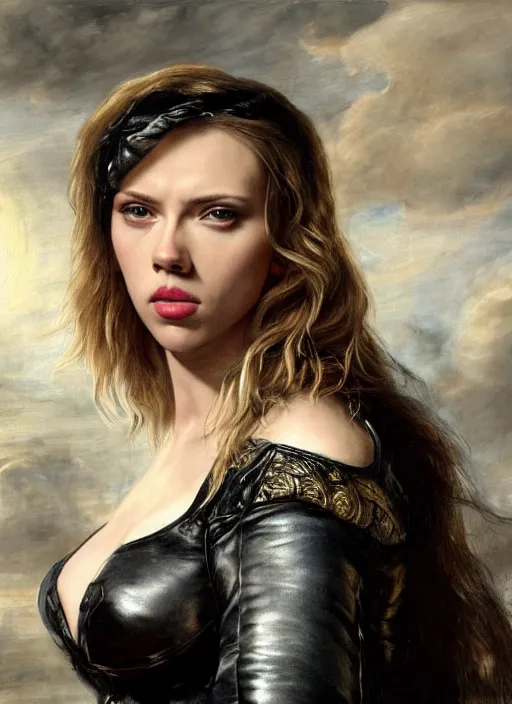 Image similar to , , Scarlett Johansson dressed as black Canary,, Dramatic, Edge, Good, Infused, Backlight, De-Noise, VFX, insanely detailed and intricate, hypermaximalist, facial ,elegant, ornate, hyper realistic, super detailed, by Anthony Van Dyck, by Ivan Shishkin, by John Constable