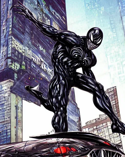 Image similar to a portrait of Venom standing on top of a wrecked car in the city art by Clayton Crain, Javier Garron and Gerardo Sandoval